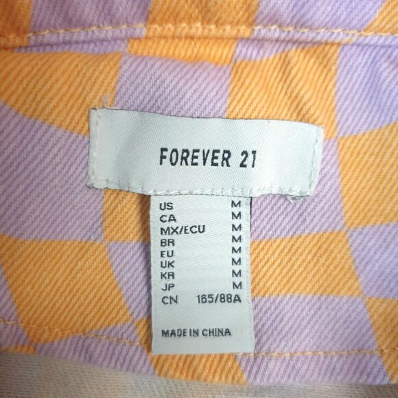 Forever 21 Womens Checkered Denim Jacket M Orange Lavender Casual Trendy Style - Picture 4 of 7